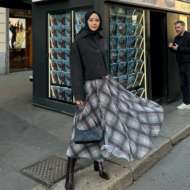 WIDE FLORATED SKIRT PLAID CLARET RED
